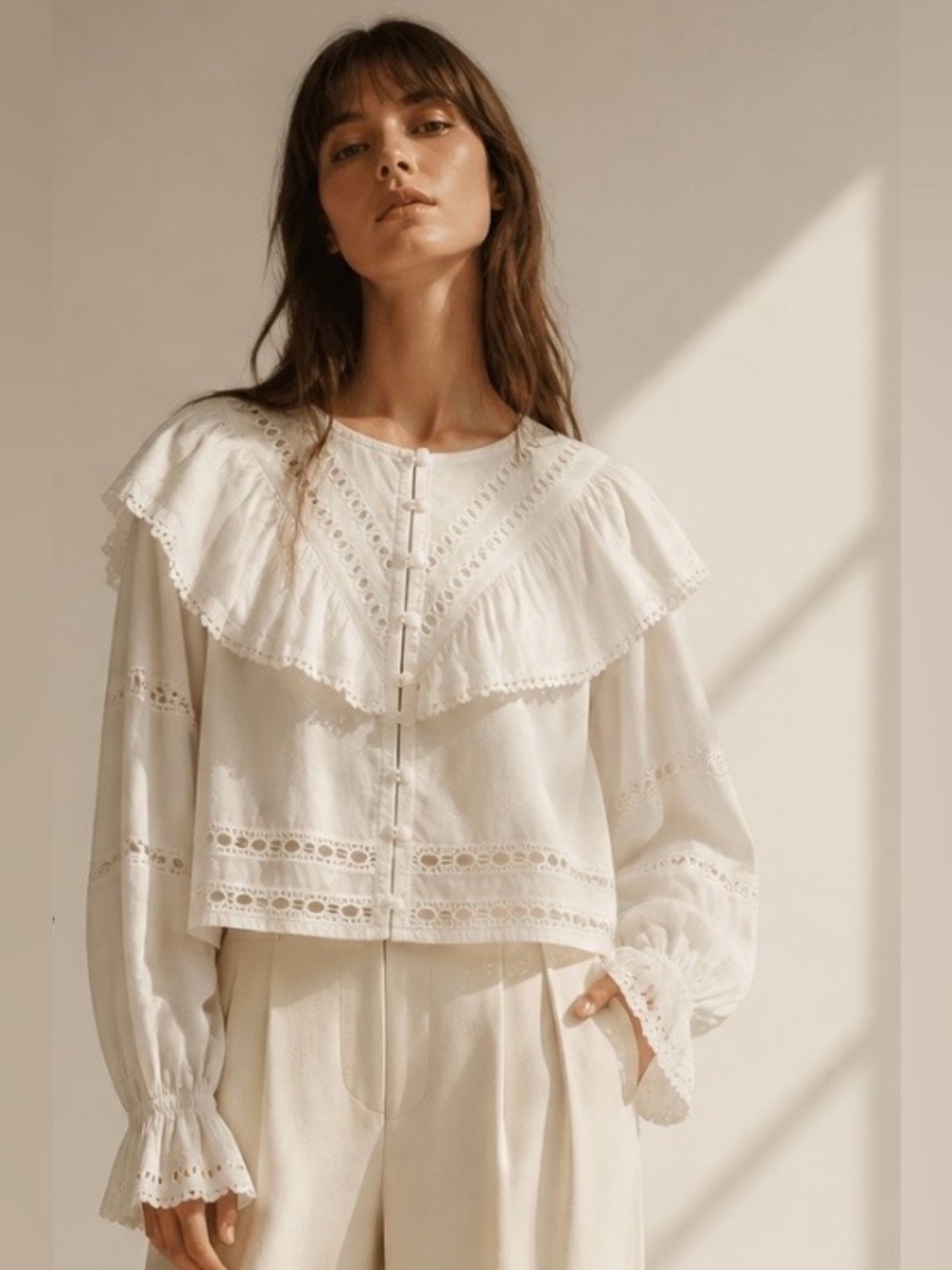 TULAROSA Blouse Eyelet White Cropped Long Sleeve Flounce Cape Long Sleeve Boho